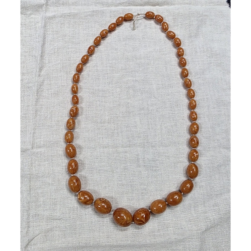 Brown Marbled Beaded Necklace Graduated Plastic Oval Strand 28 In Boho Jewelry